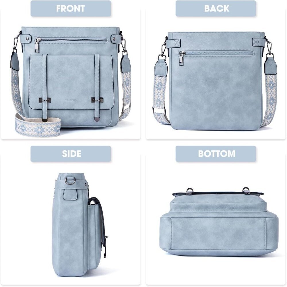 Women’s Sky Blue Leather Purses Multi-Pocket Adjustable Strap Crossbody Bags - Picture 4 of 6